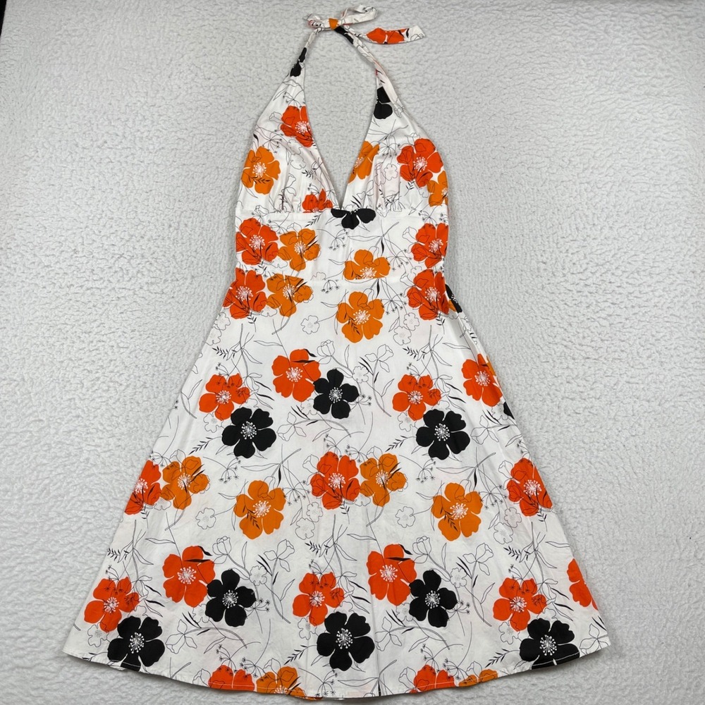 Eva Franco Dress Womens 8 White Orange Floral Halter Midi Retro Summer Party